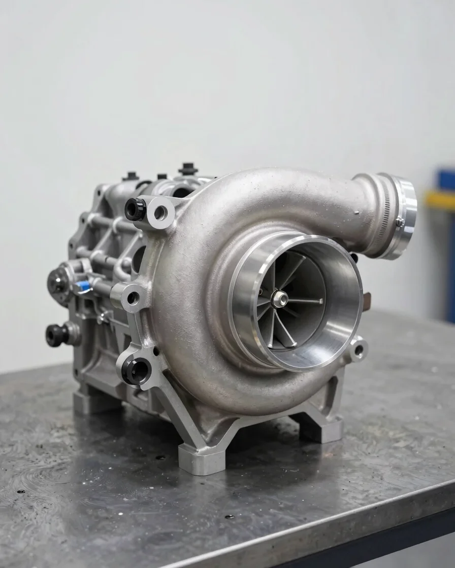 Detailed close-up inspection of a heavy-duty diesel engine turbocharger component on a clean graphite steel workbench, t