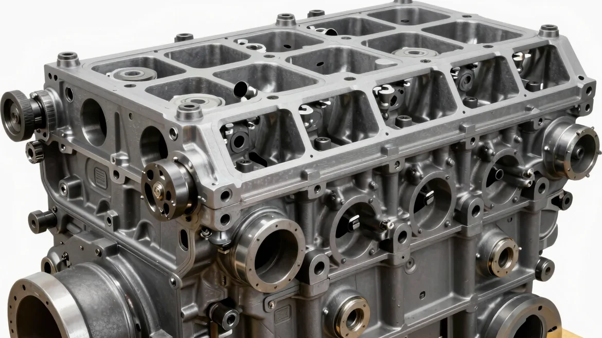 Close-up of a heavy-duty diesel engine block, industrial commercial photography, sharp detail, neutral studio lighting,