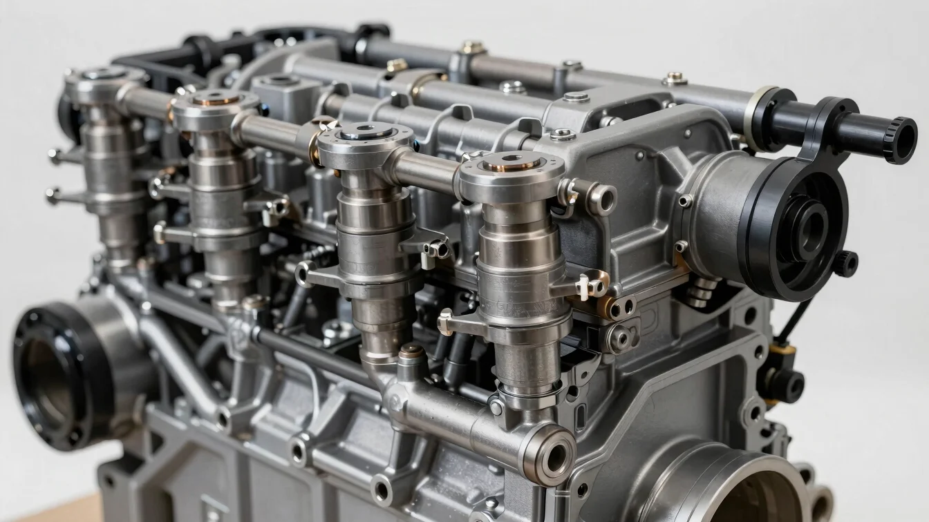 Detailed view of a common rail injection system, industrial commercial photography, sharp detail, neutral studio lightin