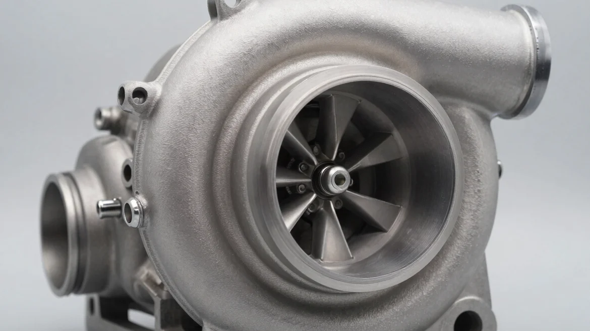 Close-up of a turbocharger, industrial commercial photography, sharp detail, neutral studio lighting, steel and graphite