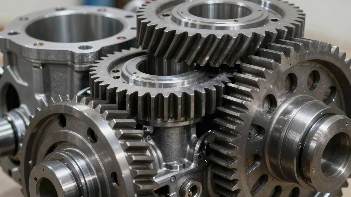 Detailed view of heavy-duty transmission gears, industrial commercial photography, sharp detail, neutral studio lighting